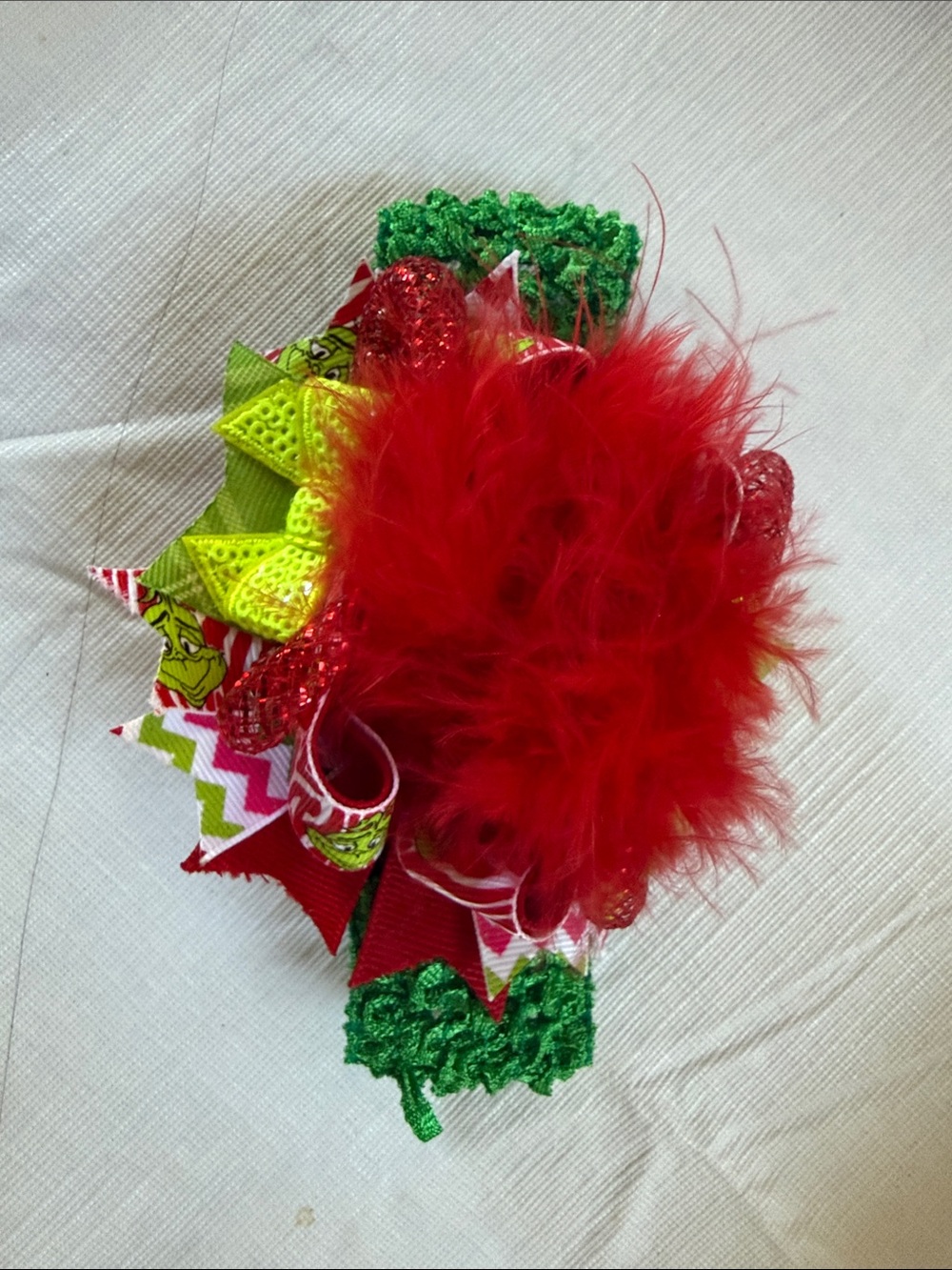 Grinch Red Feather Holiday/Christmas Hair Bow